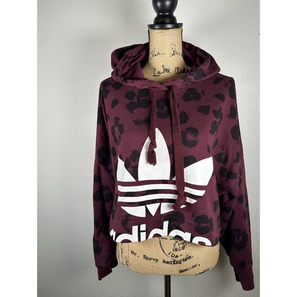 Adidas Big logo Burgundy/Black Leopard print cropped oversized Hoodie S - Picture 10 of 12